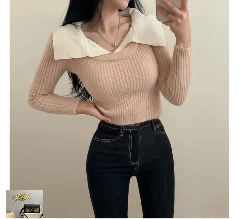Long Sleeve Knitted Sweater Patchwork Pullovers SA086