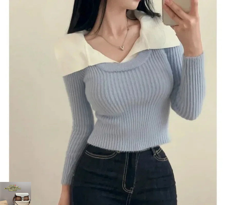 Long Sleeve Knitted Sweater Patchwork Pullovers SA086