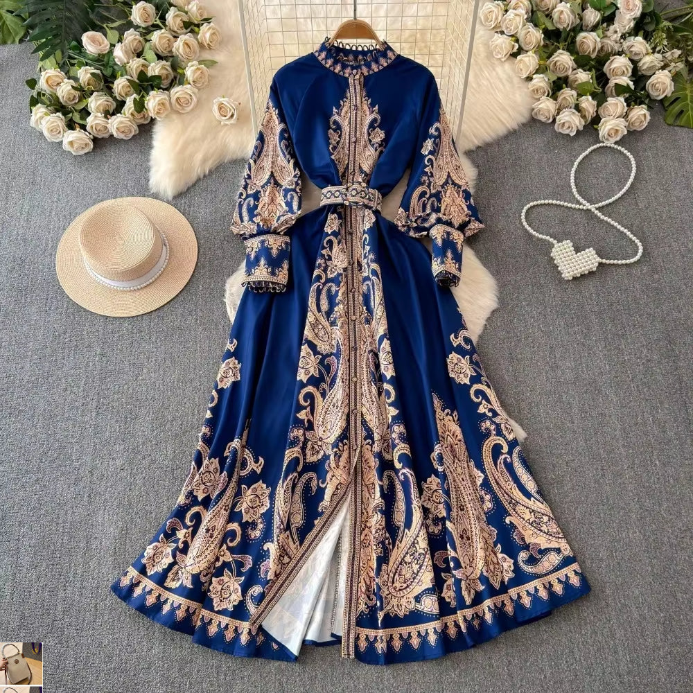 Vintage Print Lantern Sleeve Dress SA120