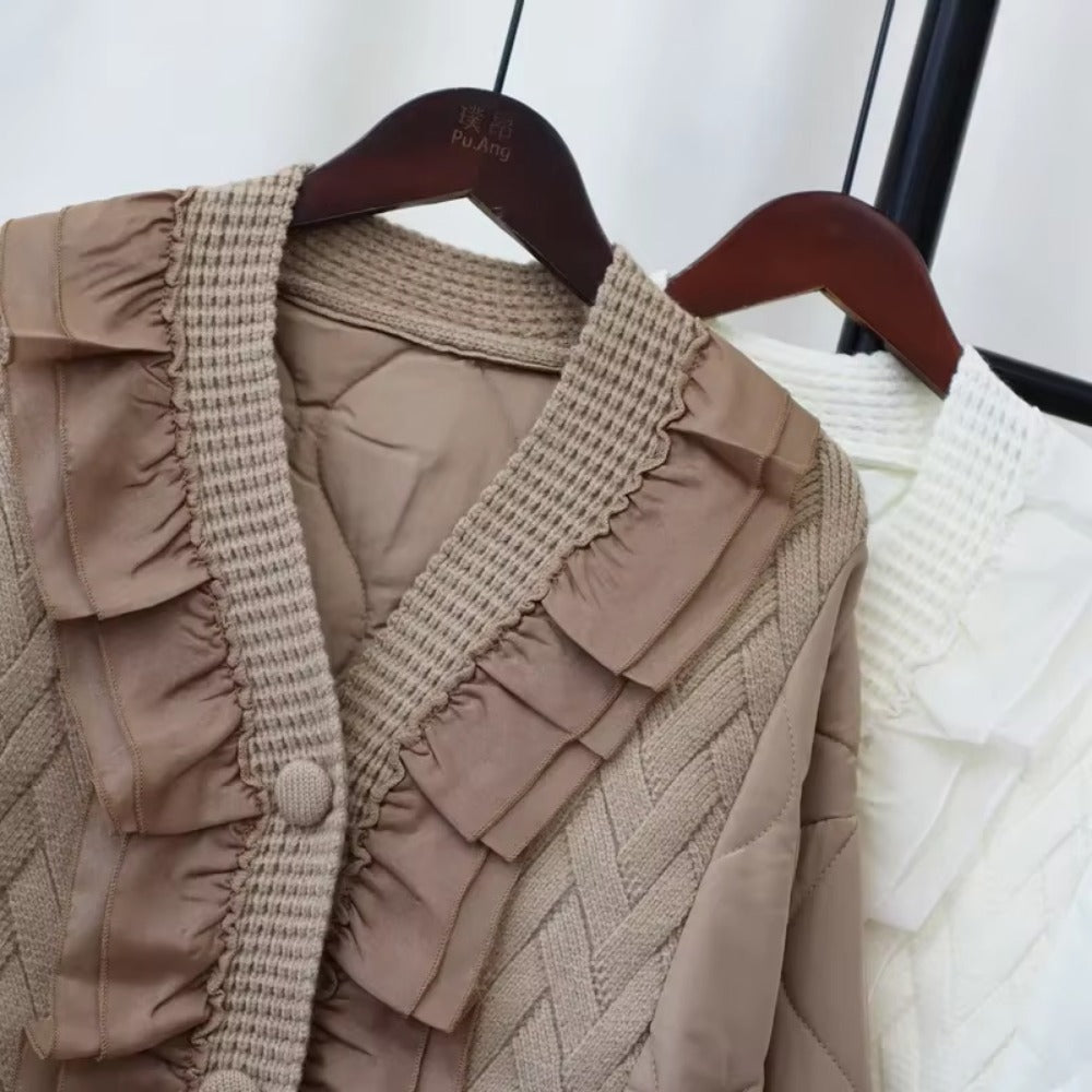 Patchwork Lace 2024 Woman Cardigan V-neck Long Sleeve Ropa Mujer Single Breasted Outerwears Autumn Winter Sweater Cardigans