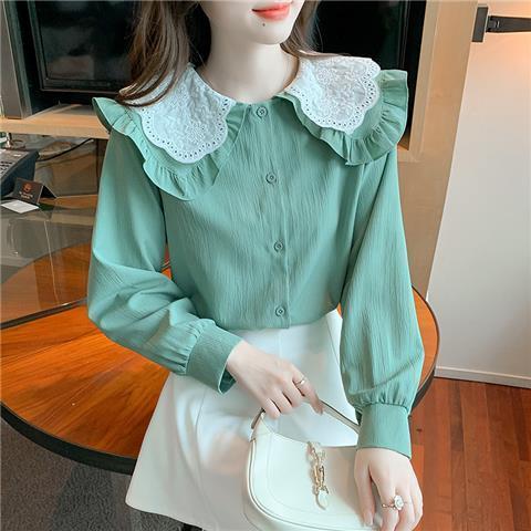 Long Sleeve Doll Collar Chiffon Shirt Women 69A753