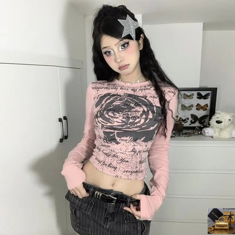 Spicy Girls Vintage Rose Print Pink Long Sleeve Tshirts SA177
