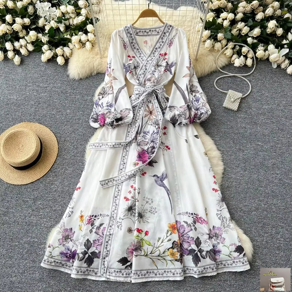 Cross V-neck Lantern Sleeve Panelled Dress SA119