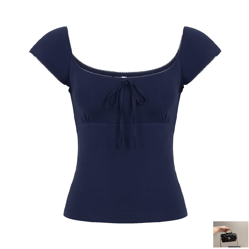 Square Neck Lace-Up Short Sleeve T-Shirt SA352