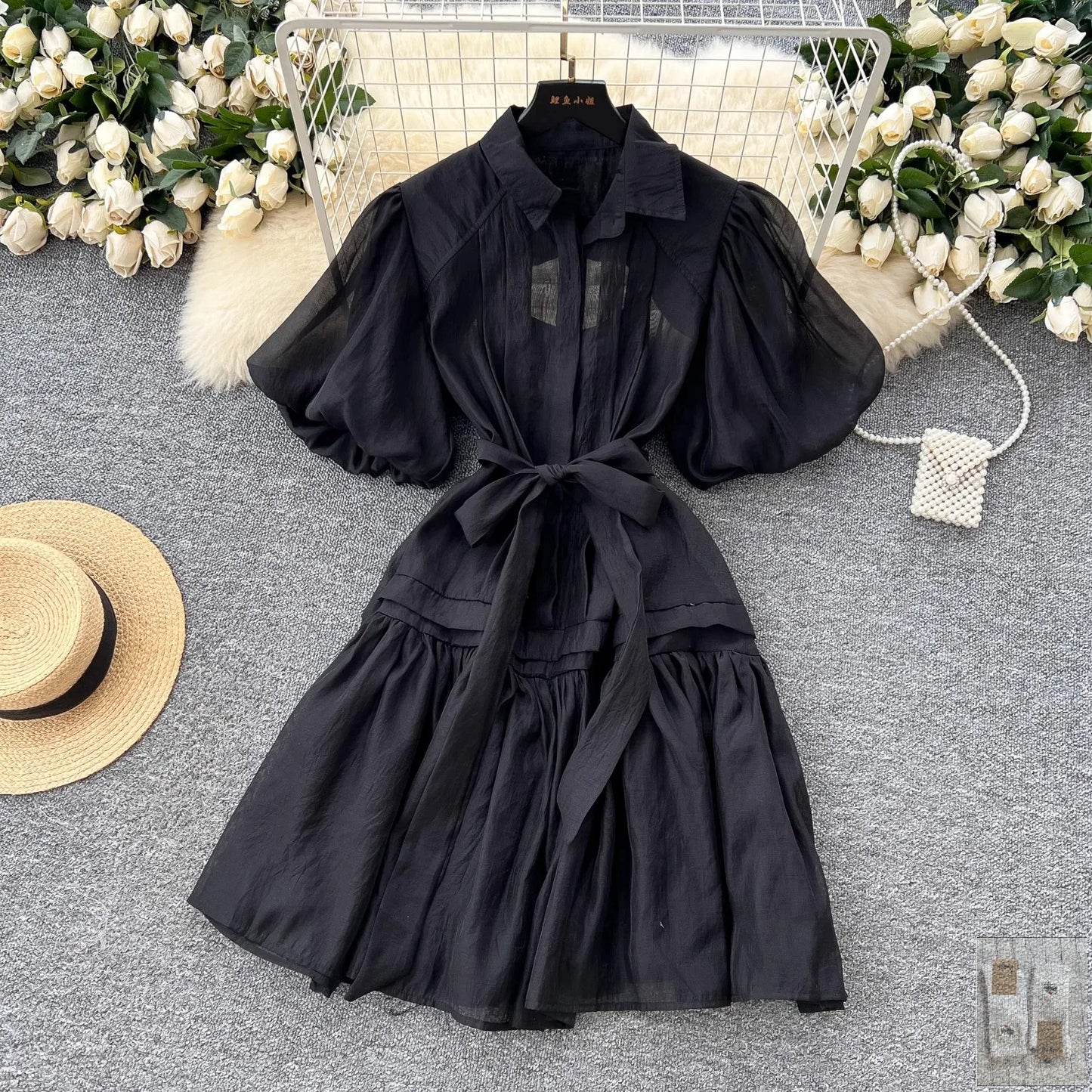 Chic Organza Bandage Lace Up Belt Summer Holiday Oversized Loose Dresses Women Shirt Collar Puff Sleeve Loose Party Vestidos