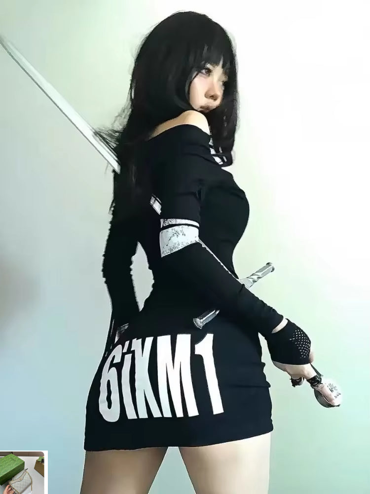 Off The Shoulder Slim Fit Punk Vintage Print Dresses SA288