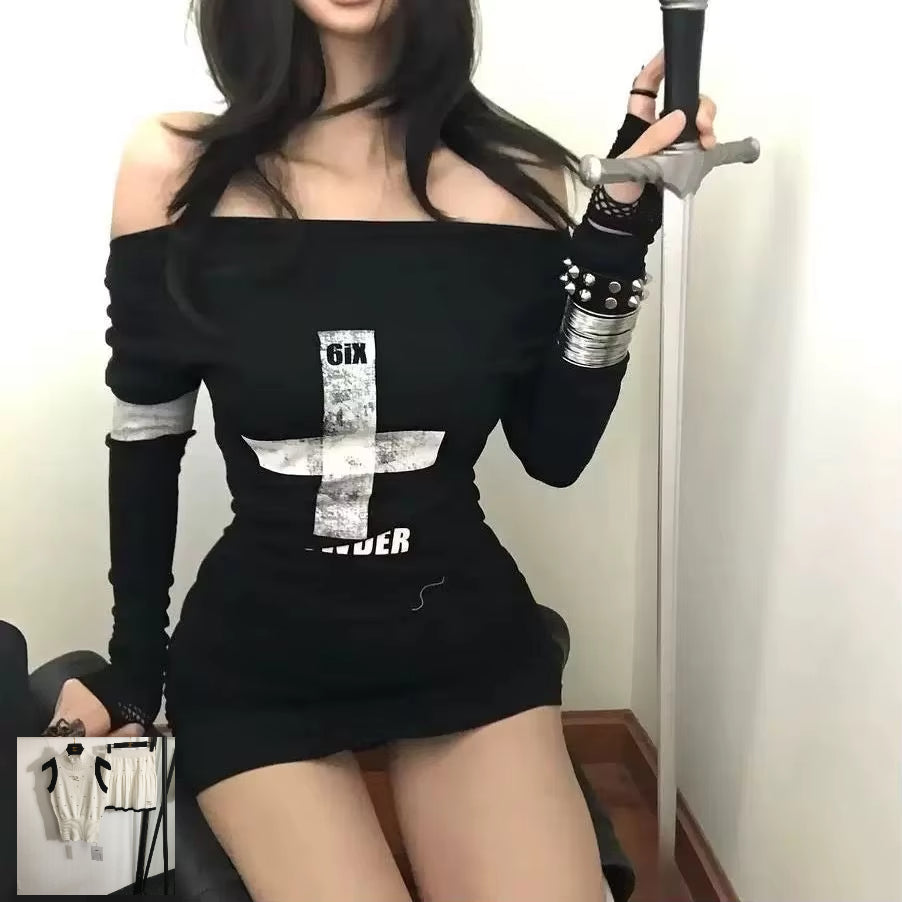 High Street Off The Shoulder Slim Fit Punk Vintage Print Dresses SA185-SA191