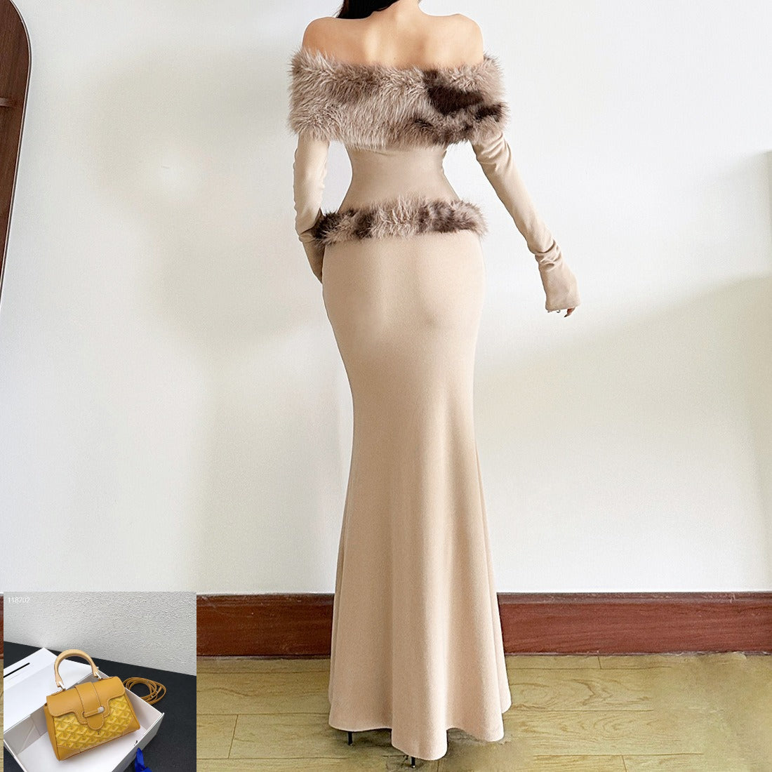 Slim Dress with A One-shoulder Patchwork Fur Collar SA532