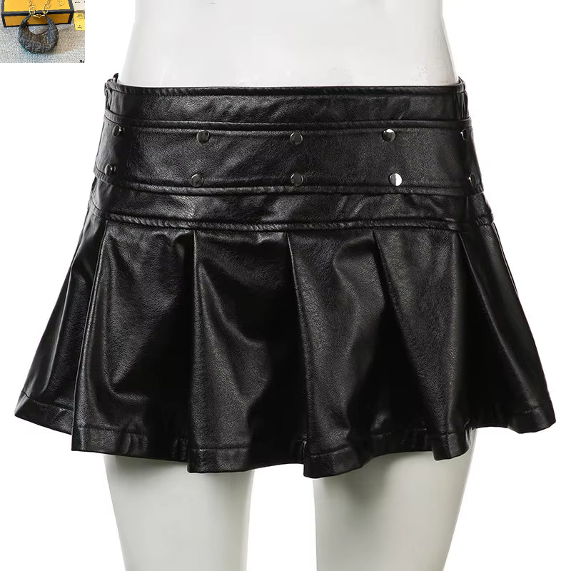 Punk Style Solid Pleated Leather Mini Skirt SA205