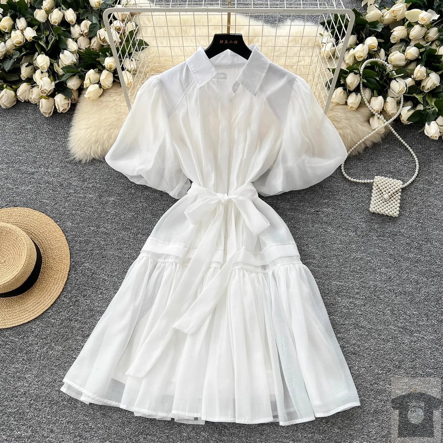 Chic Organza Bandage Lace Up Belt Summer Holiday Oversized Loose Dresses Women Shirt Collar Puff Sleeve Loose Party Vestidos