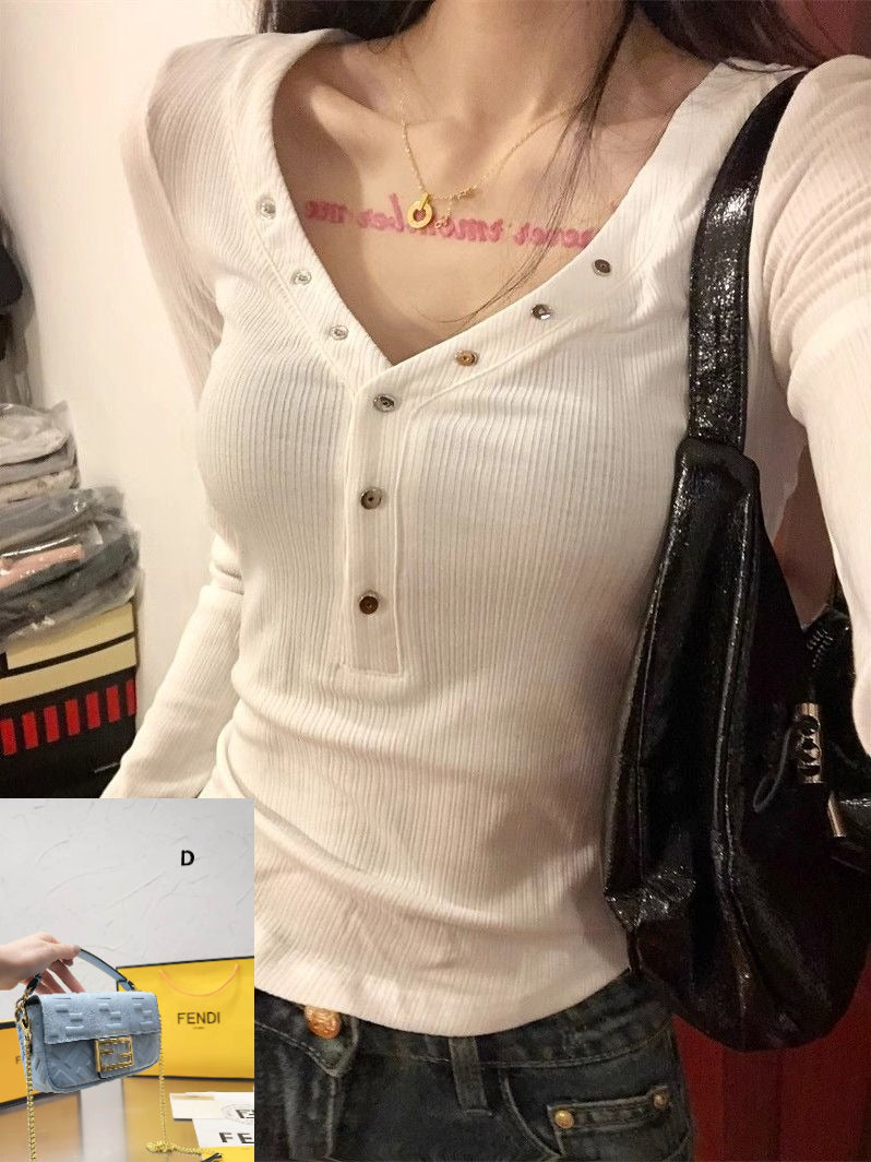 White V-neck Slim-fit Long Sleeve Top SA788