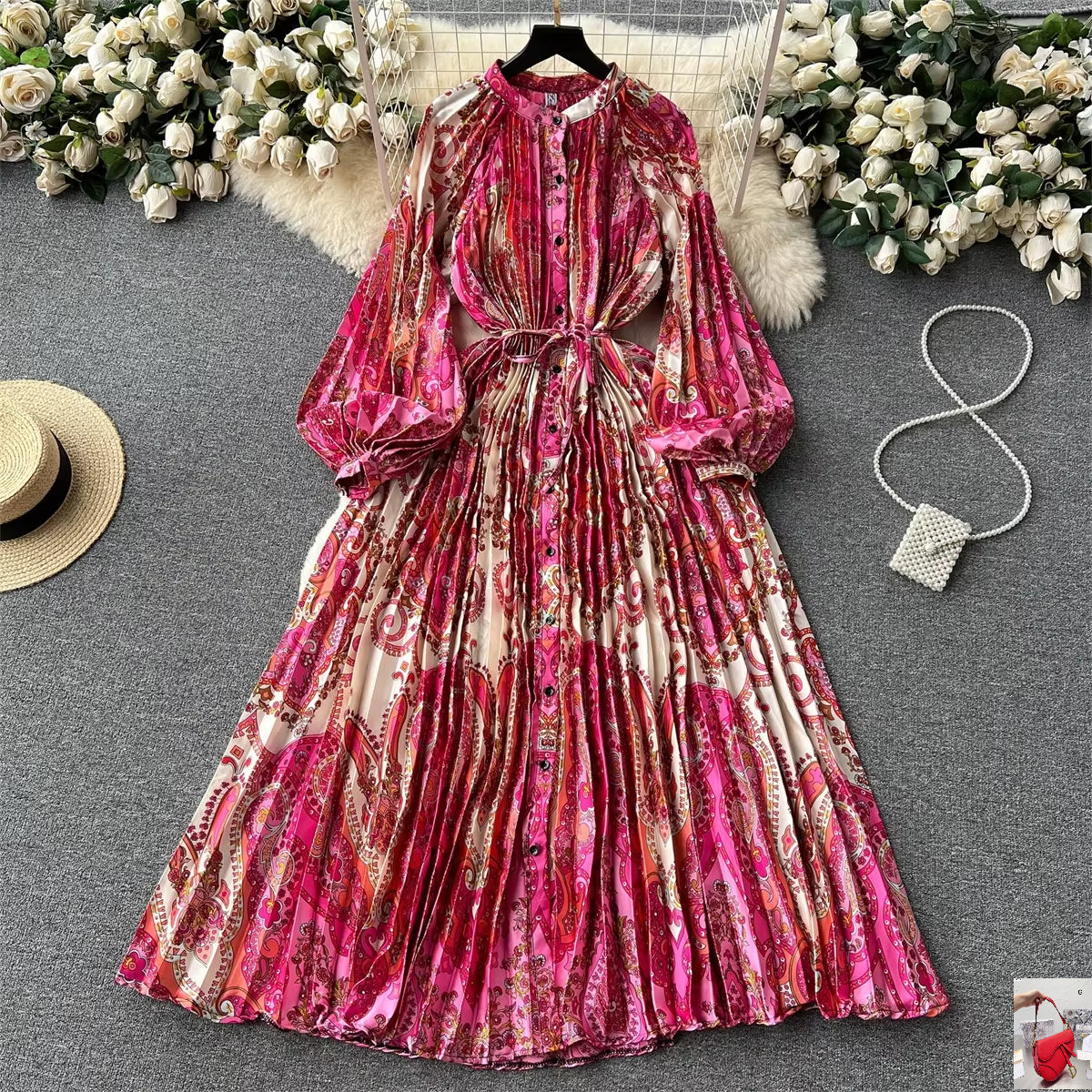 Elegant Vintage Print Pleated Dress SA122