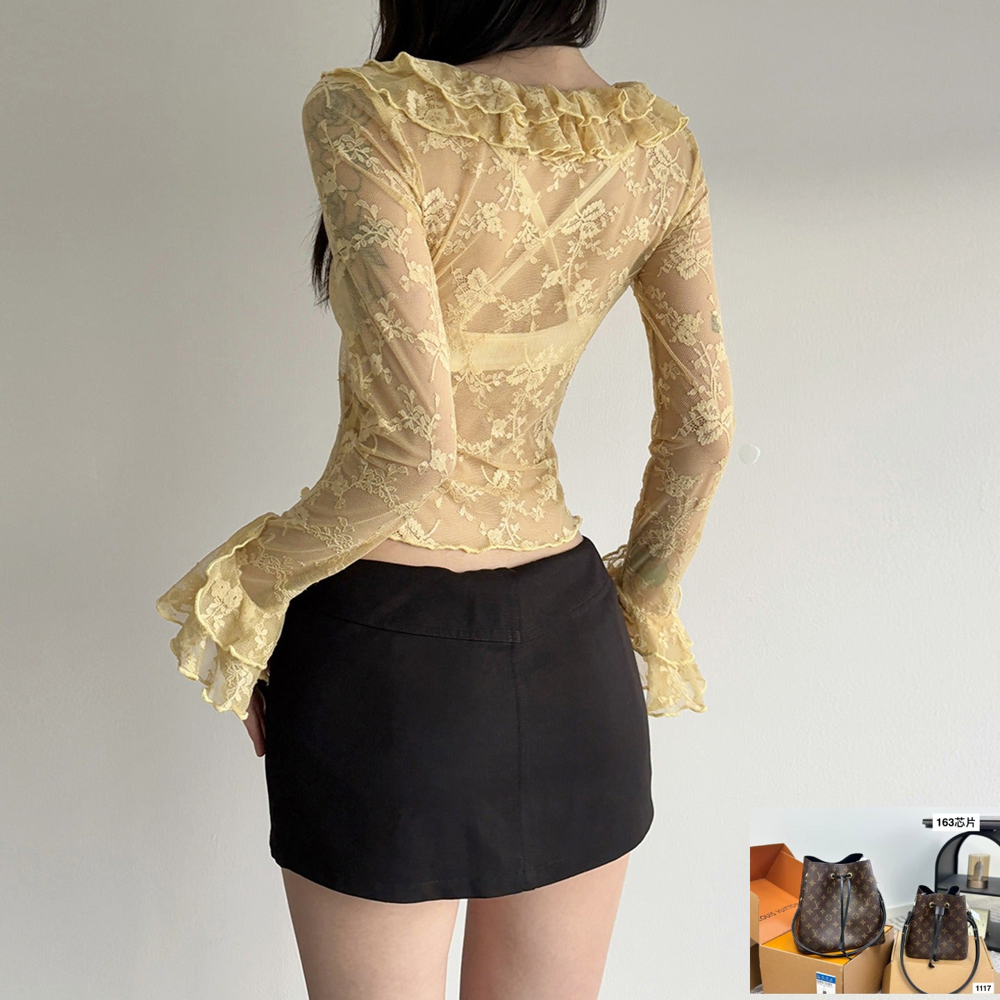 Lotus Leaf Neck See-Through Lace Shirt SA429