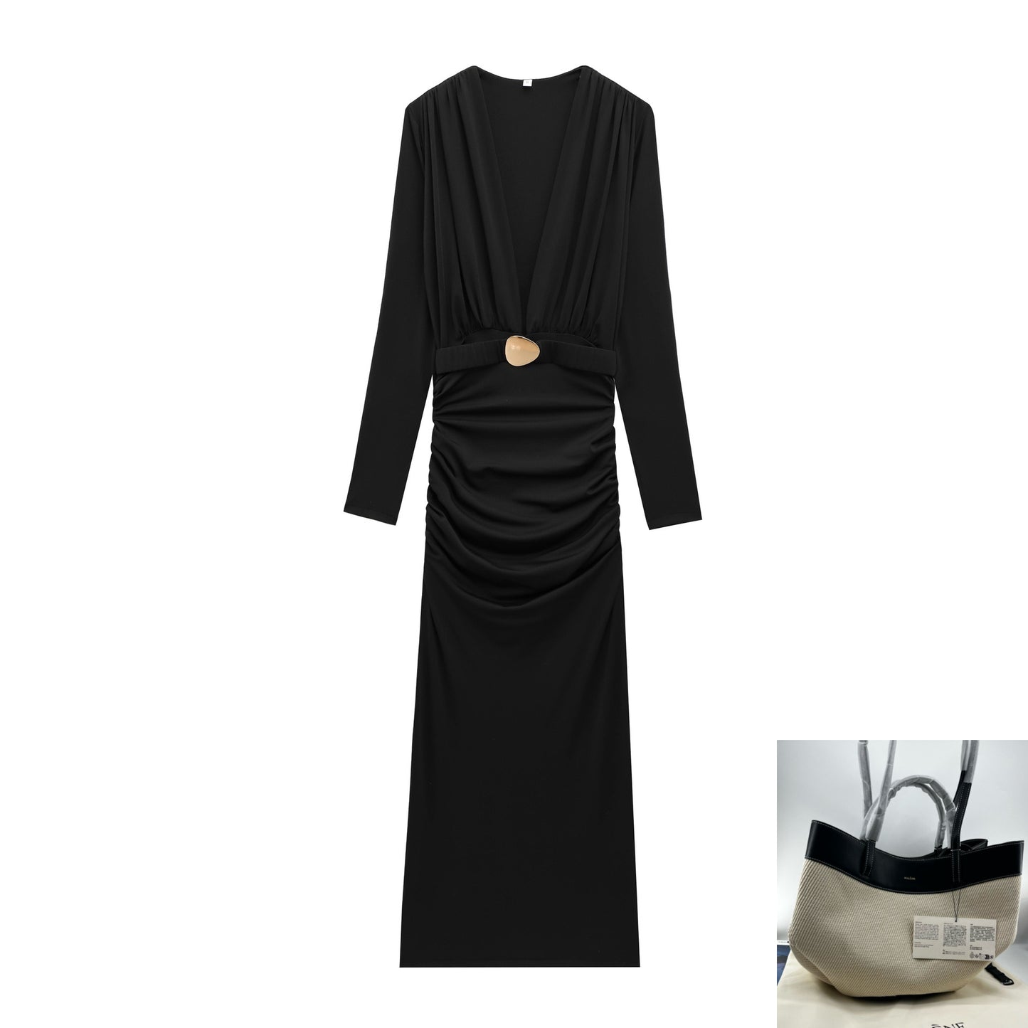 Belt Long Sleeve Deep V-Neck Dress SA421