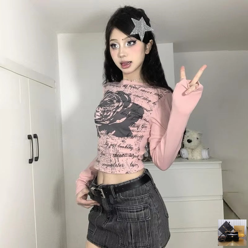 Spicy Girls Vintage Rose Print Pink Long Sleeve Tshirts SA177