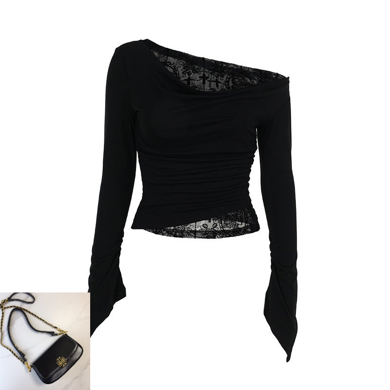 Slant Shoulder Flocked Splicing Long-sleeved Top Women SA442