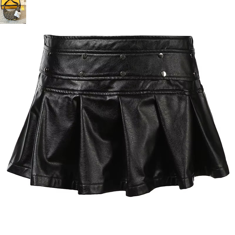 Punk Style Solid Pleated Leather Mini Skirt SA205