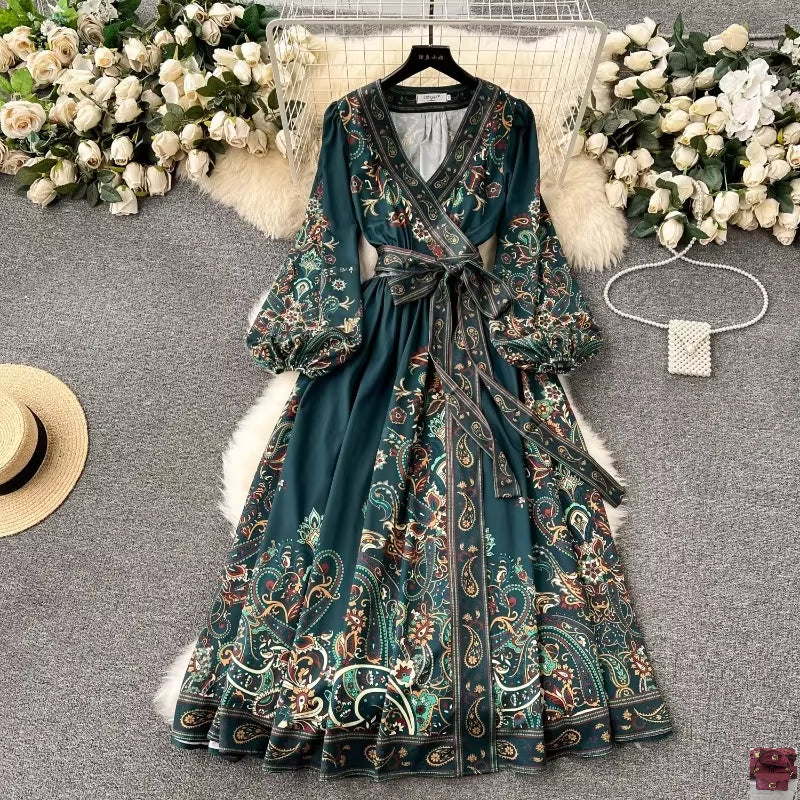 French Retro V-Neck Lace Up Slim Waist Dresses SA124