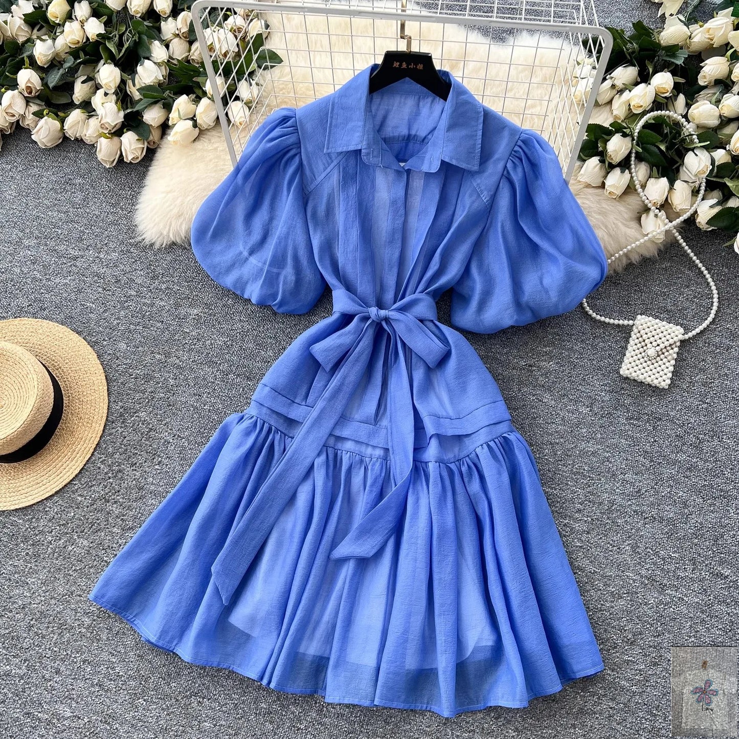 Chic Organza Bandage Lace Up Belt Summer Holiday Oversized Loose Dresses Women Shirt Collar Puff Sleeve Loose Party Vestidos