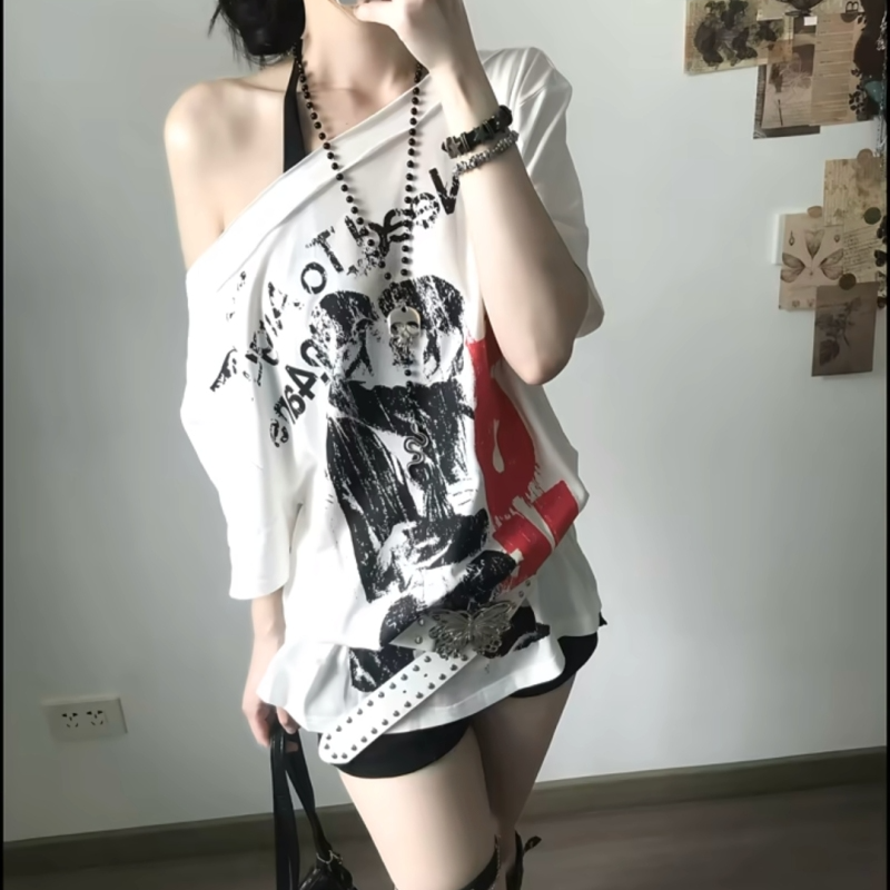 Backless Printed Short-sleeve T-shirt SAB043