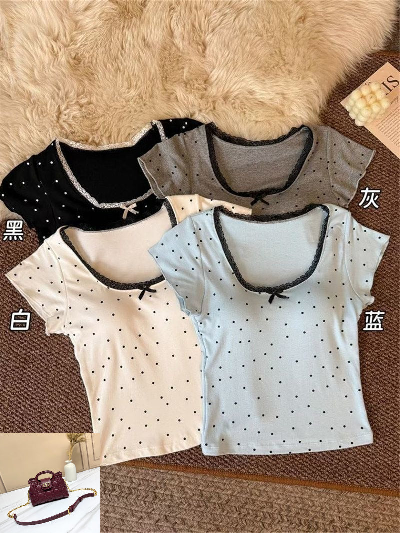 Polka Dot Lace Short-sleeved T-shirt SA877