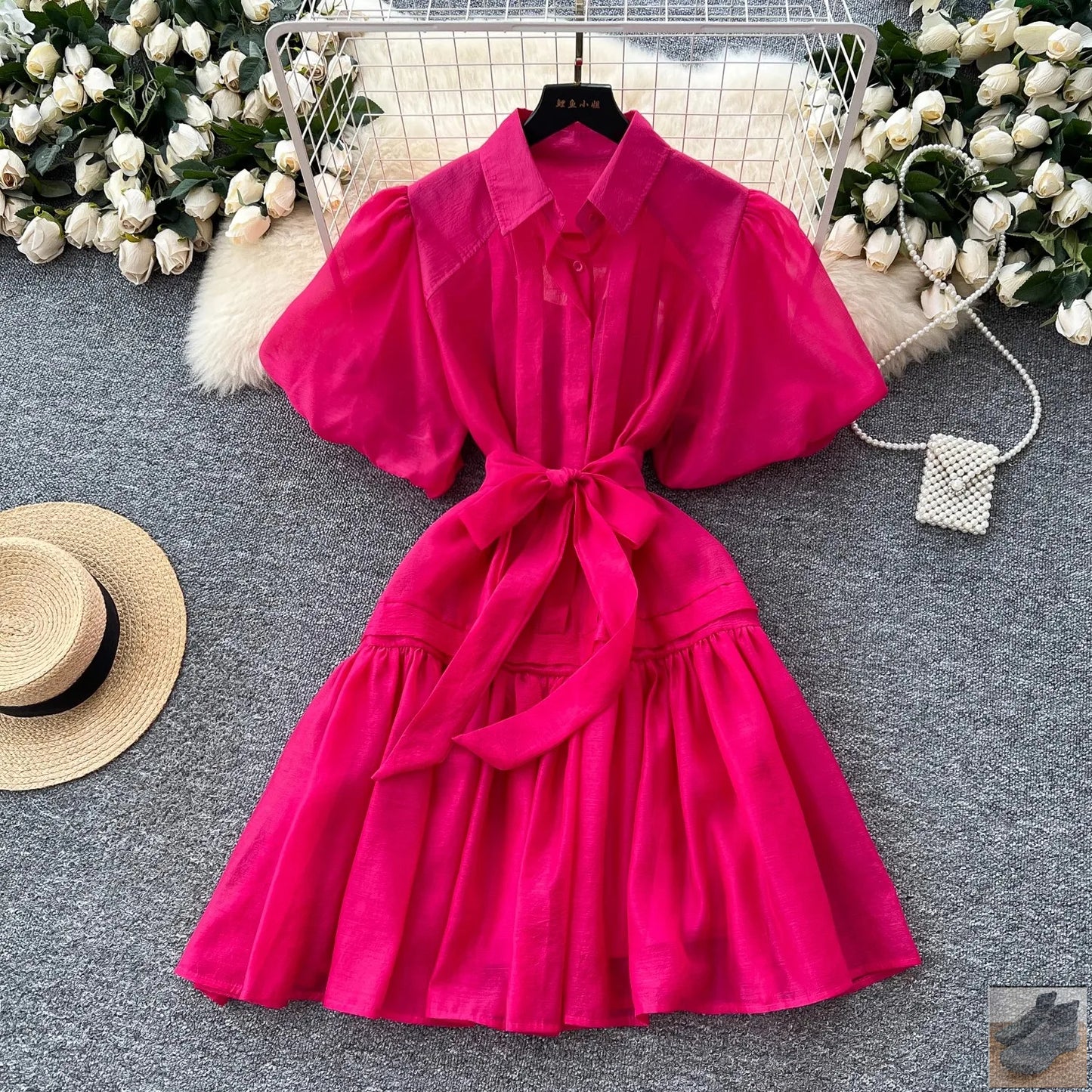 Chic Organza Bandage Lace Up Belt Summer Holiday Oversized Loose Dresses Women Shirt Collar Puff Sleeve Loose Party Vestidos