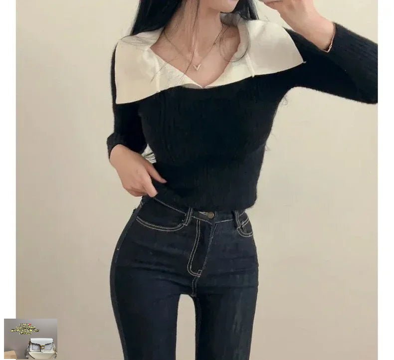 Long Sleeve Knitted Sweater Patchwork Pullovers SA086