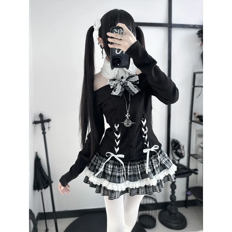 Off-the-shoulder Top + Plaid Skirt Suit 64H008 US