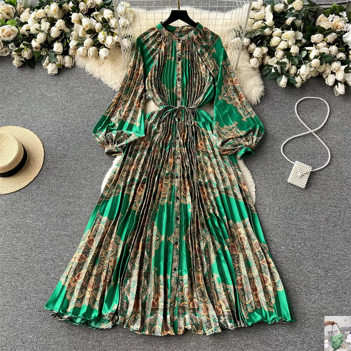 Elegant Vintage Print Pleated Dress SA122