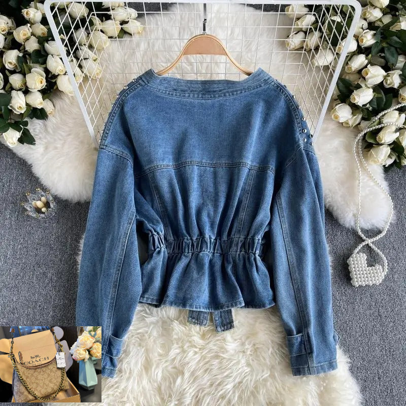 Vintage Loose Casual V Neck Women Denim Coat SA276