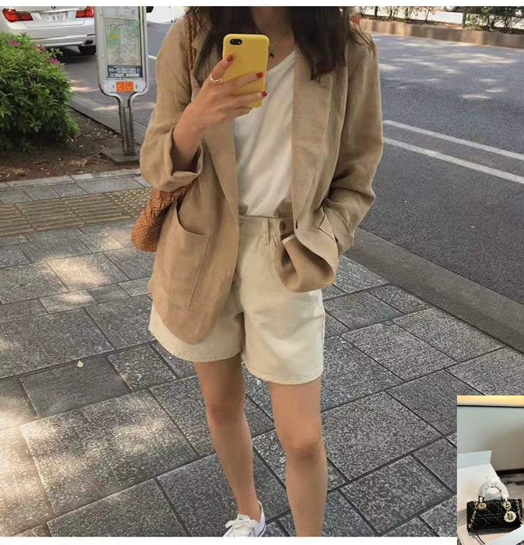 Korean Retro Cotton Linen Solid Blazer SA267