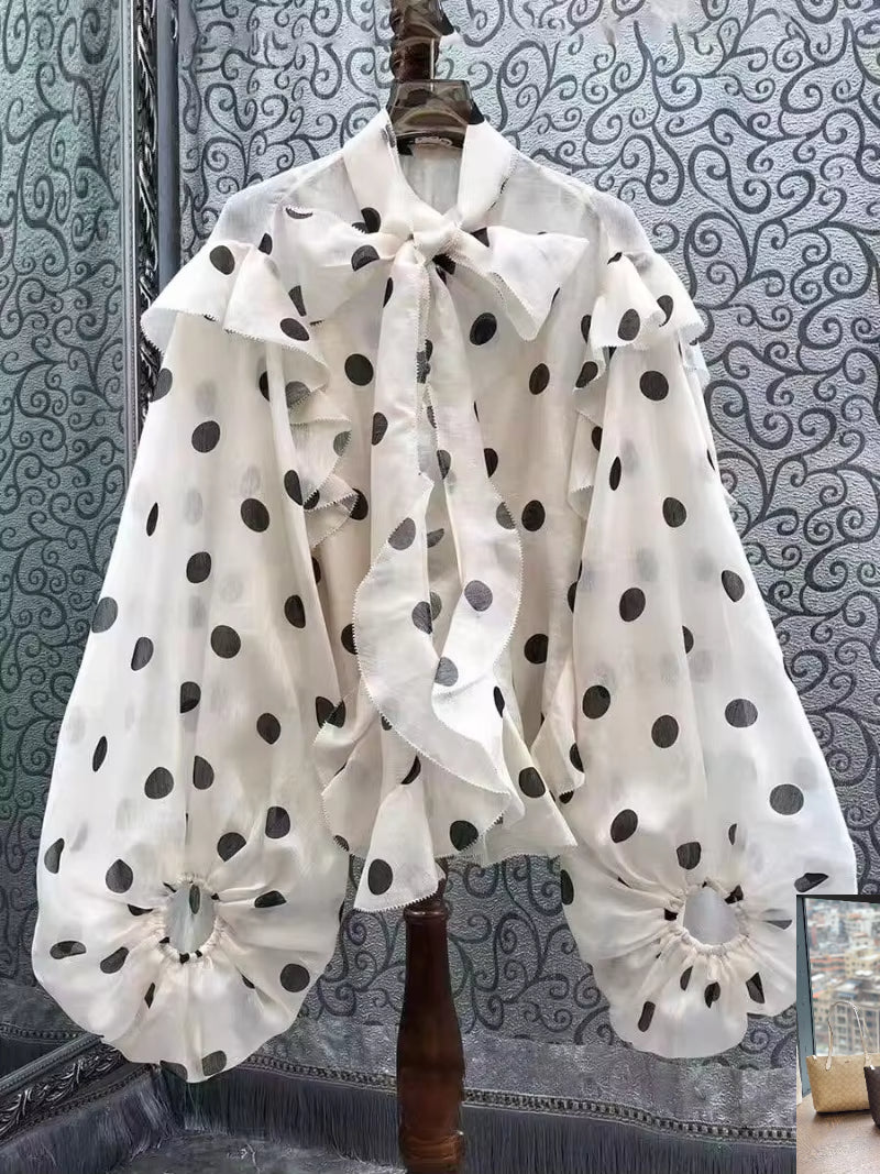 Lace-up Bow Blusas Mujer Polka Dot Ptint Shirts SA234