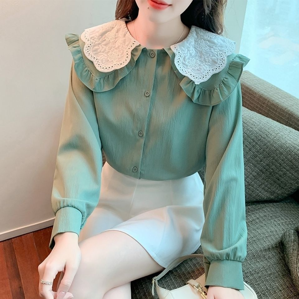 Long Sleeve Doll Collar Chiffon Shirt Women 69A753