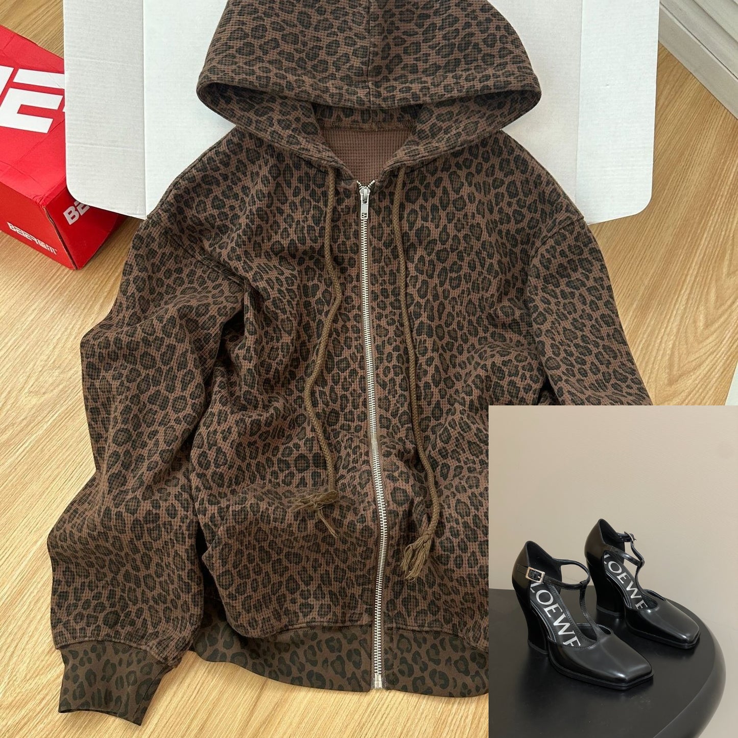 Hooded Zipper Leopard Print Casual Sweatshirt SA875