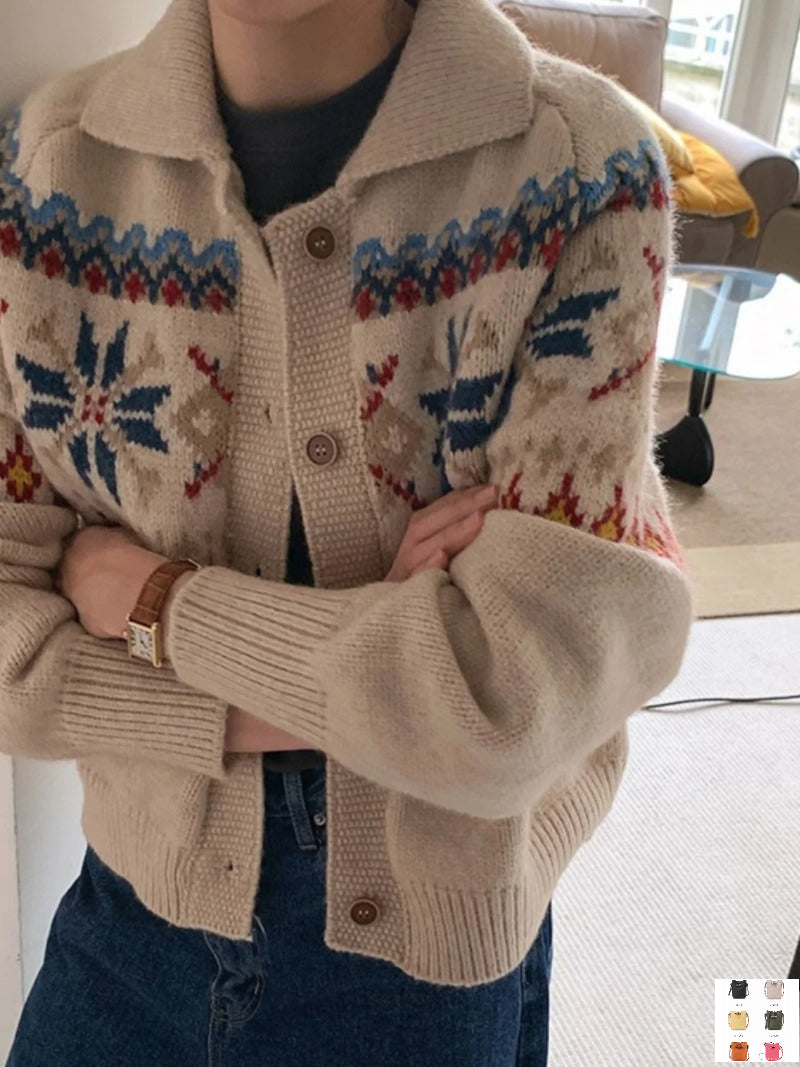 Vintage Jacquard Pattern Cardigan Turn Down Collar Outerwears 2024 Women Clothing Knitted Sweater Autumn Winter Cardigans