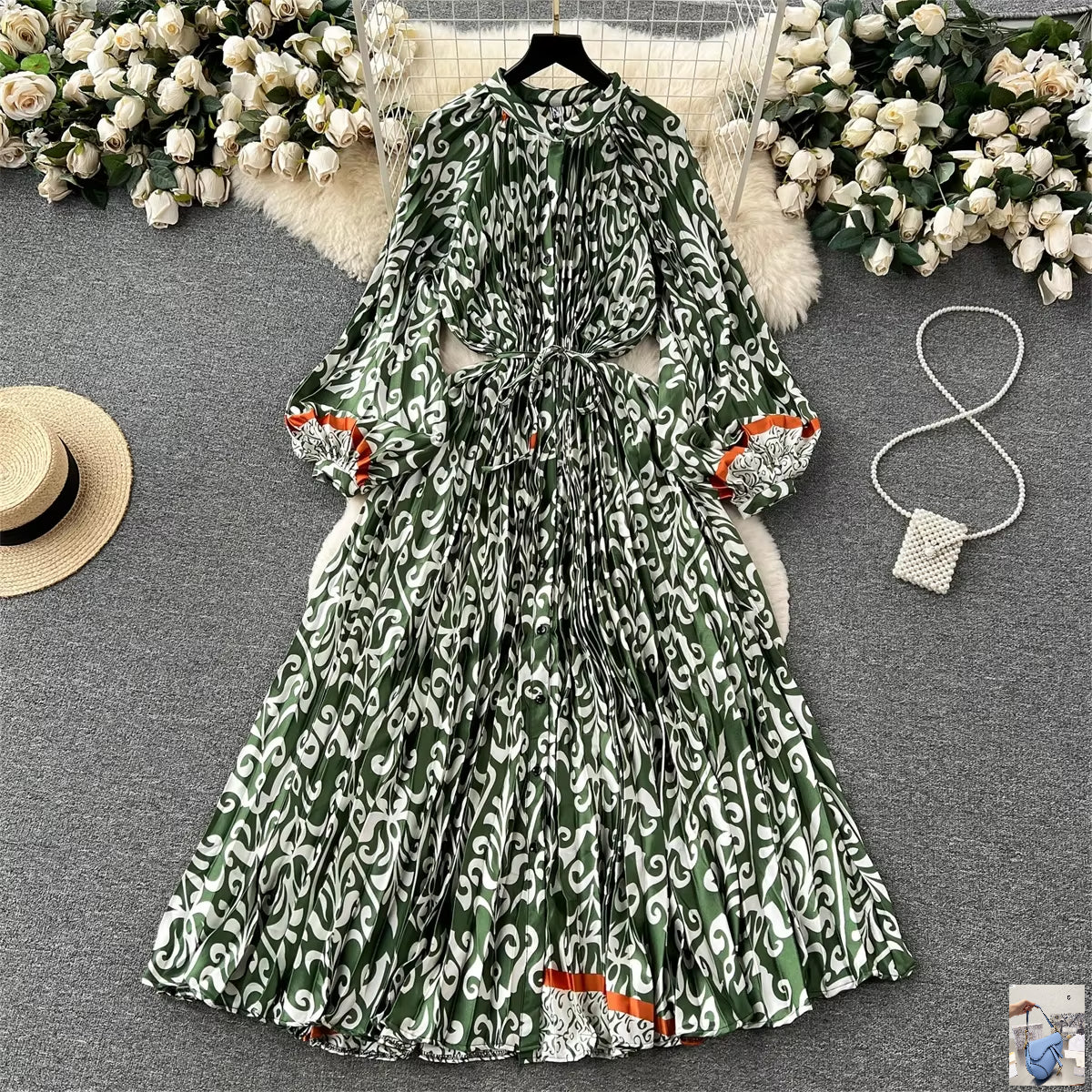 Elegant Vintage Print Pleated Dress SA122