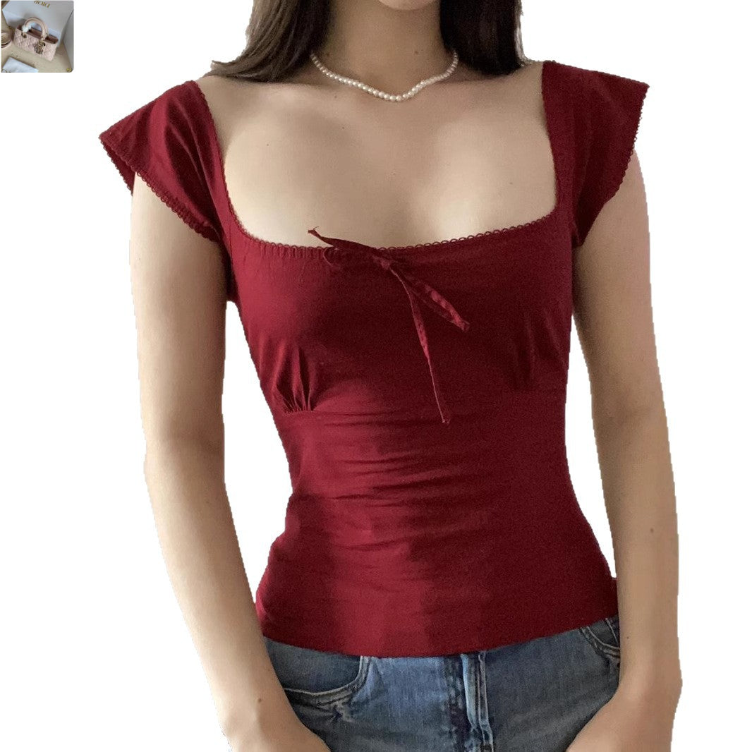 Square Neck Lace-Up Short Sleeve T-Shirt SA352