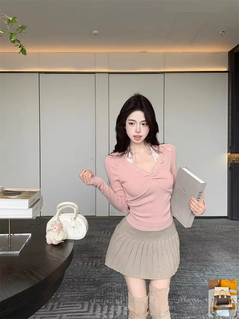 V-neck Long Sleeved Pure Desire Minimalist Tight Top SA168