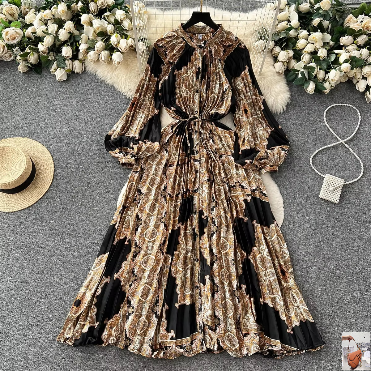 Elegant Vintage Print Pleated Dress SA122