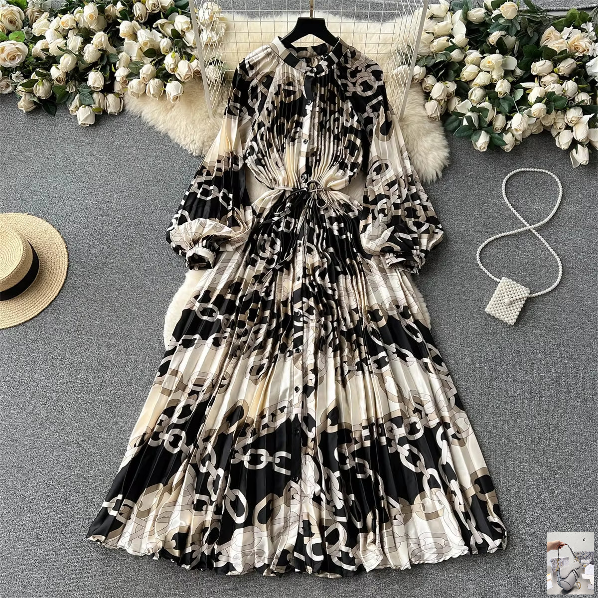 Elegant Vintage Print Pleated Dress SA122