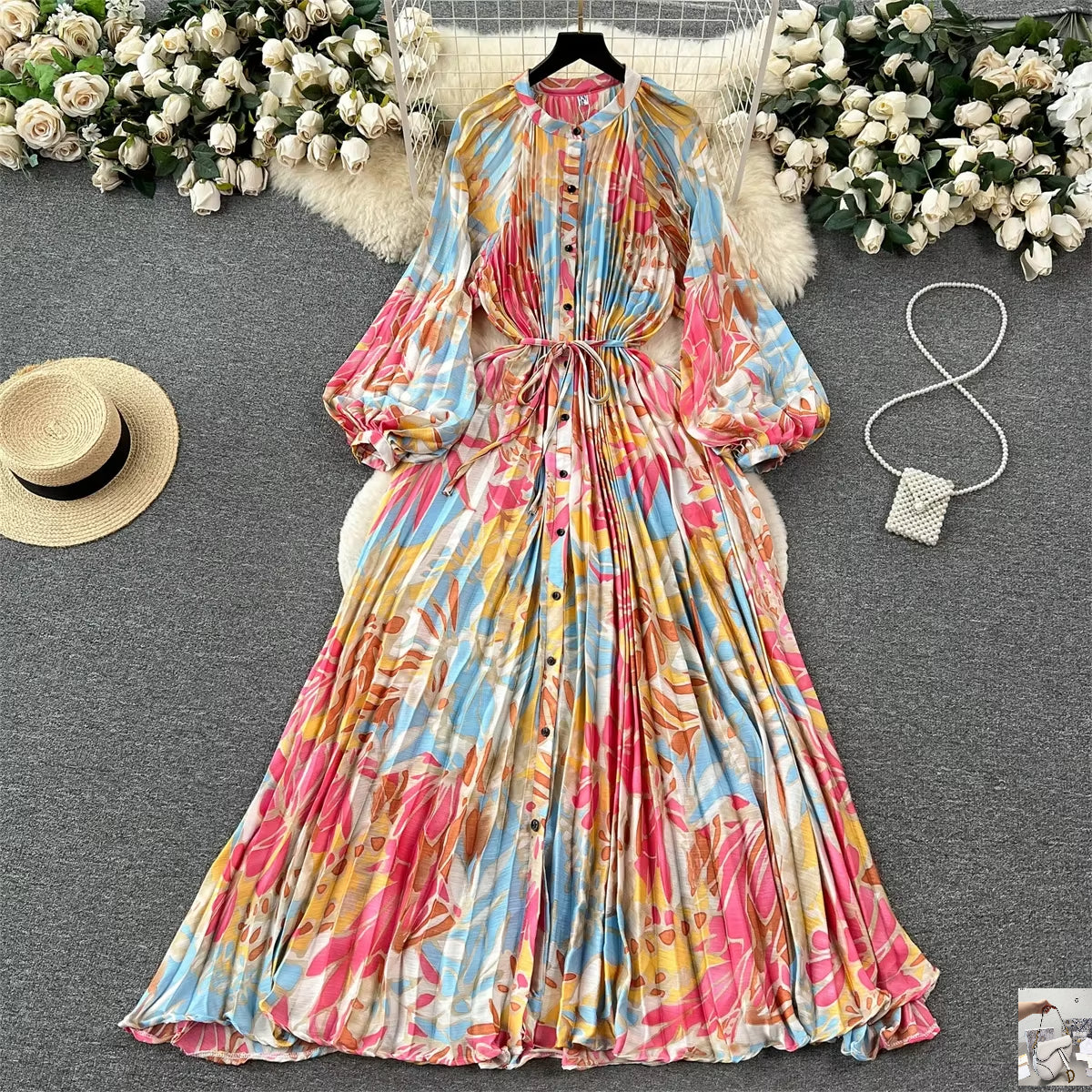 Elegant Vintage Print Pleated Dress SA122