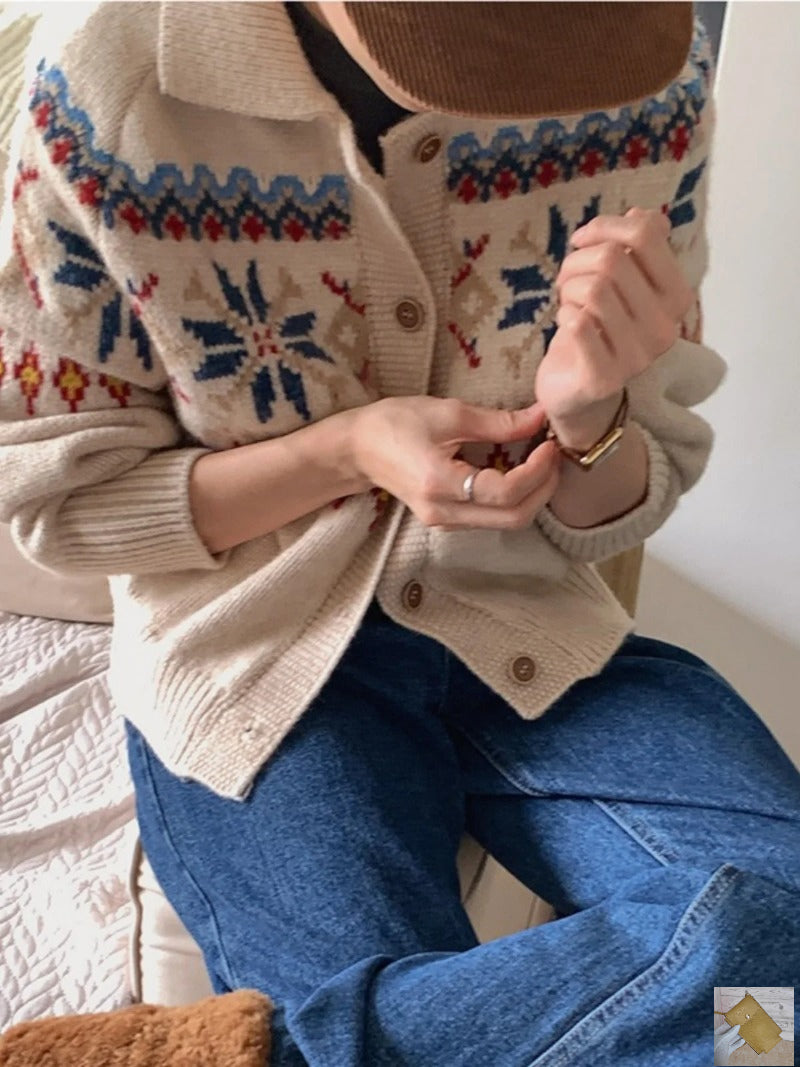 Vintage Jacquard Pattern Cardigan Turn Down Collar Outerwears 2024 Women Clothing Knitted Sweater Autumn Winter Cardigans