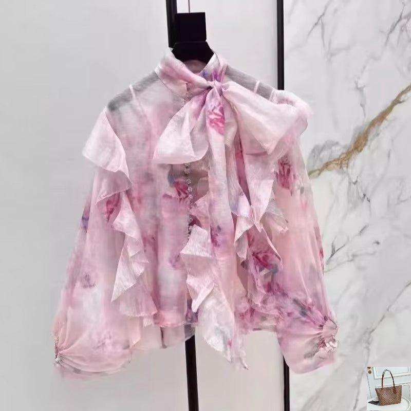 Lace-up Bow Blusas Mujer Polka Dot Ptint Shirts SA234