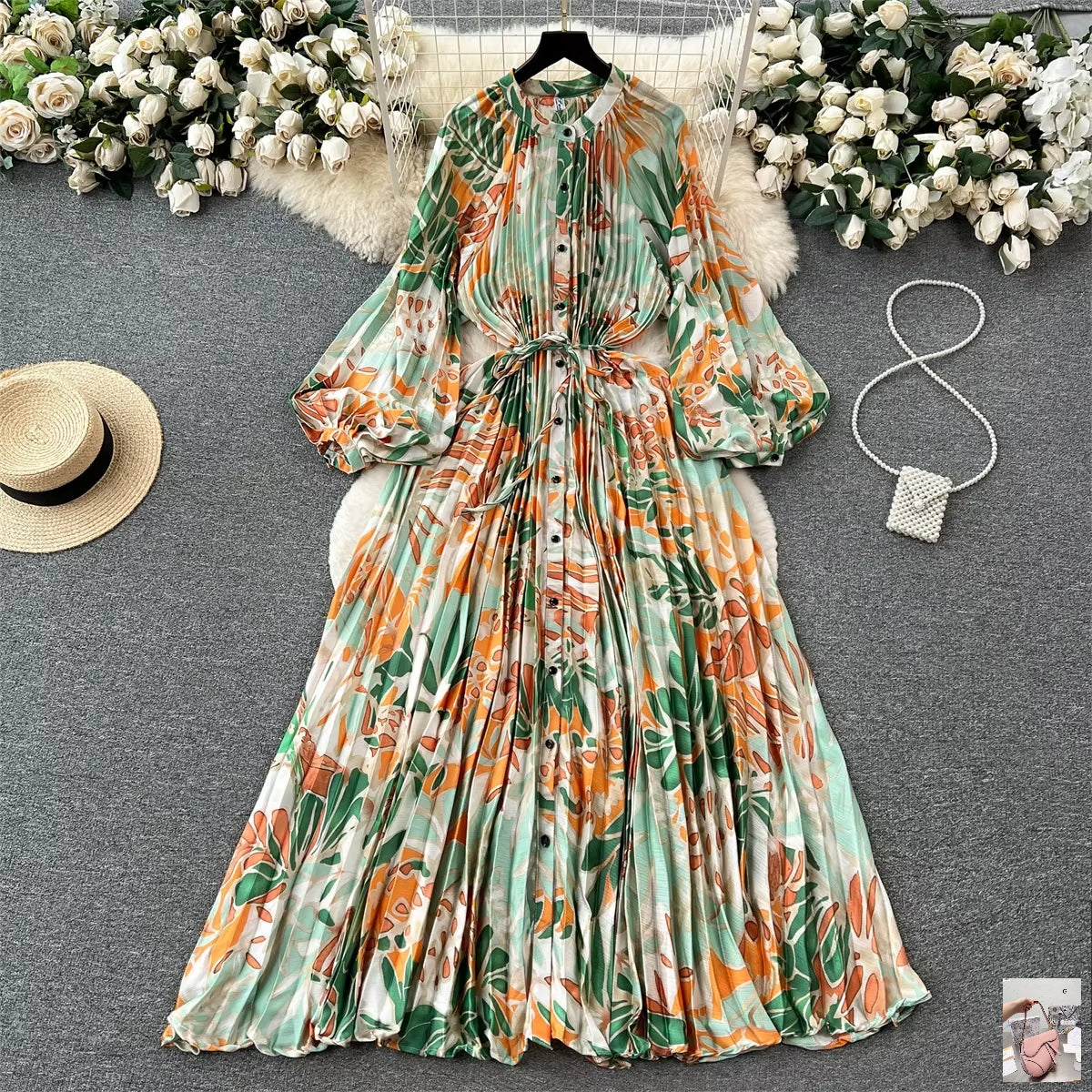 Elegant Vintage Print Pleated Dress SA122