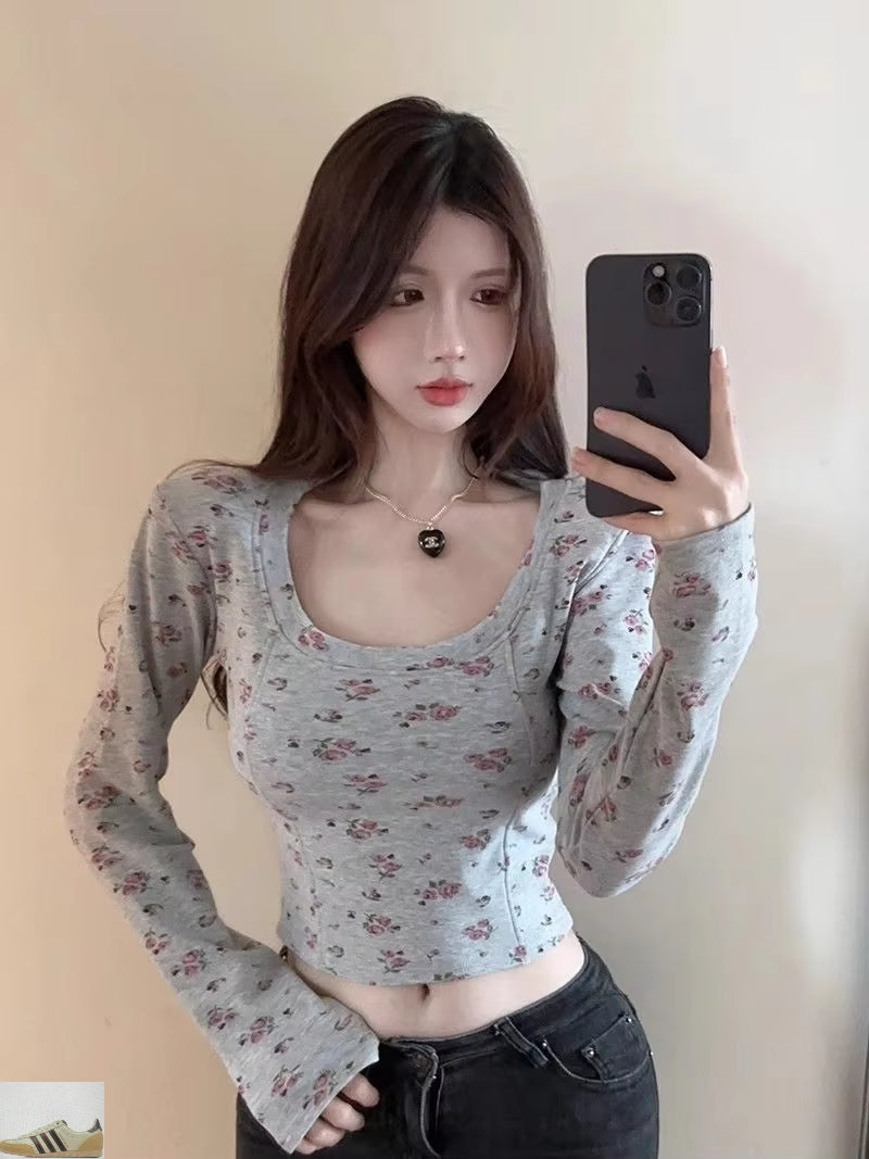 French Spice Girl U-neck Backless Floral T-shirt SA232
