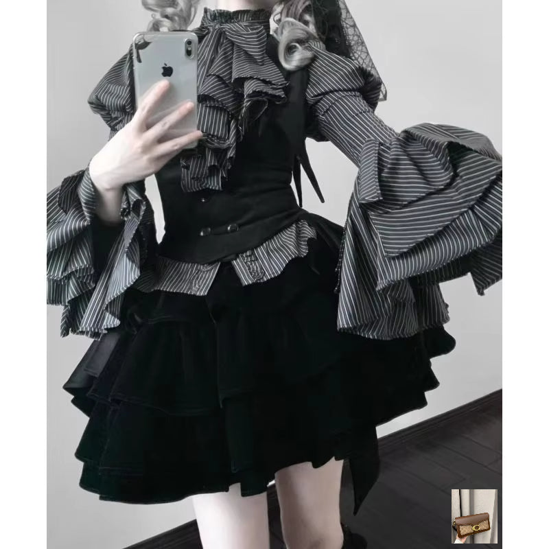 Sweet Bow Striped Blouse Fluffy Cake Skirts SA157