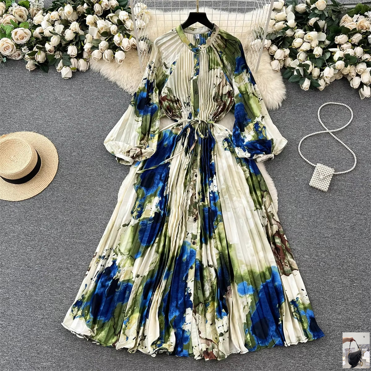 Elegant Vintage Print Pleated Dress SA122