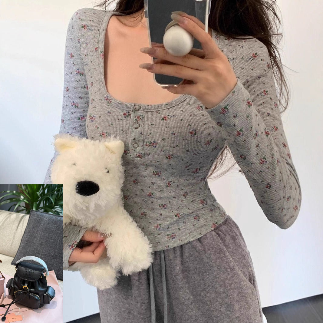 Floral Square Neck Long-sleeved T-shirt SA400