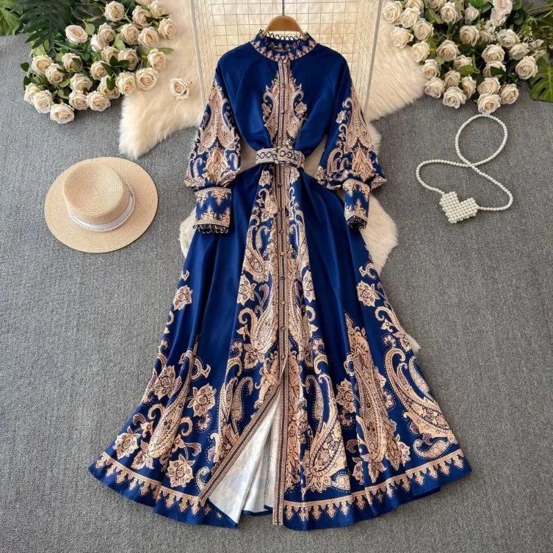Vintage Print Lantern Sleeve Dress SA120