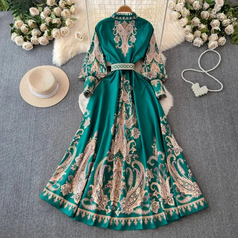 Vintage Print Lantern Sleeve Dress SA120
